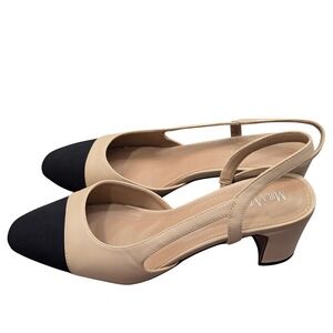 Mira Azzurra Beige Black Cap Toe Slingback Heels 8 Quiet Luxury Classic Preppy